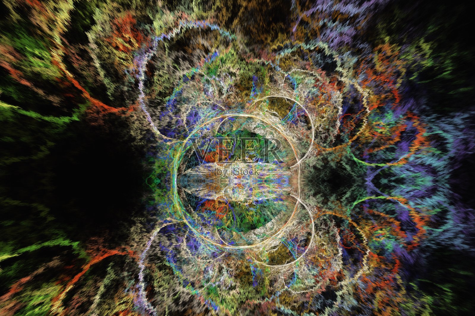 黑色背景上弯曲的波浪和形状的五彩图案。照片摄影图片