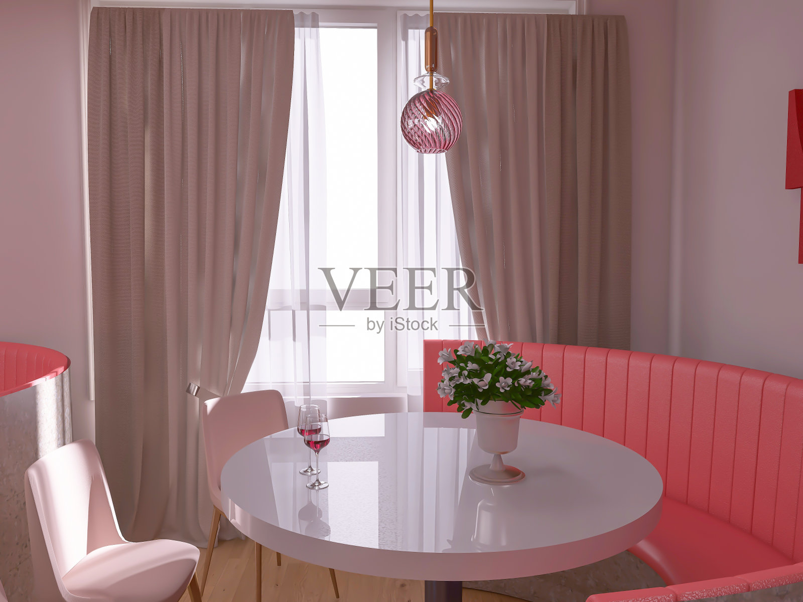 咖啡馆内部花，3d渲染，3d插图照片摄影图片