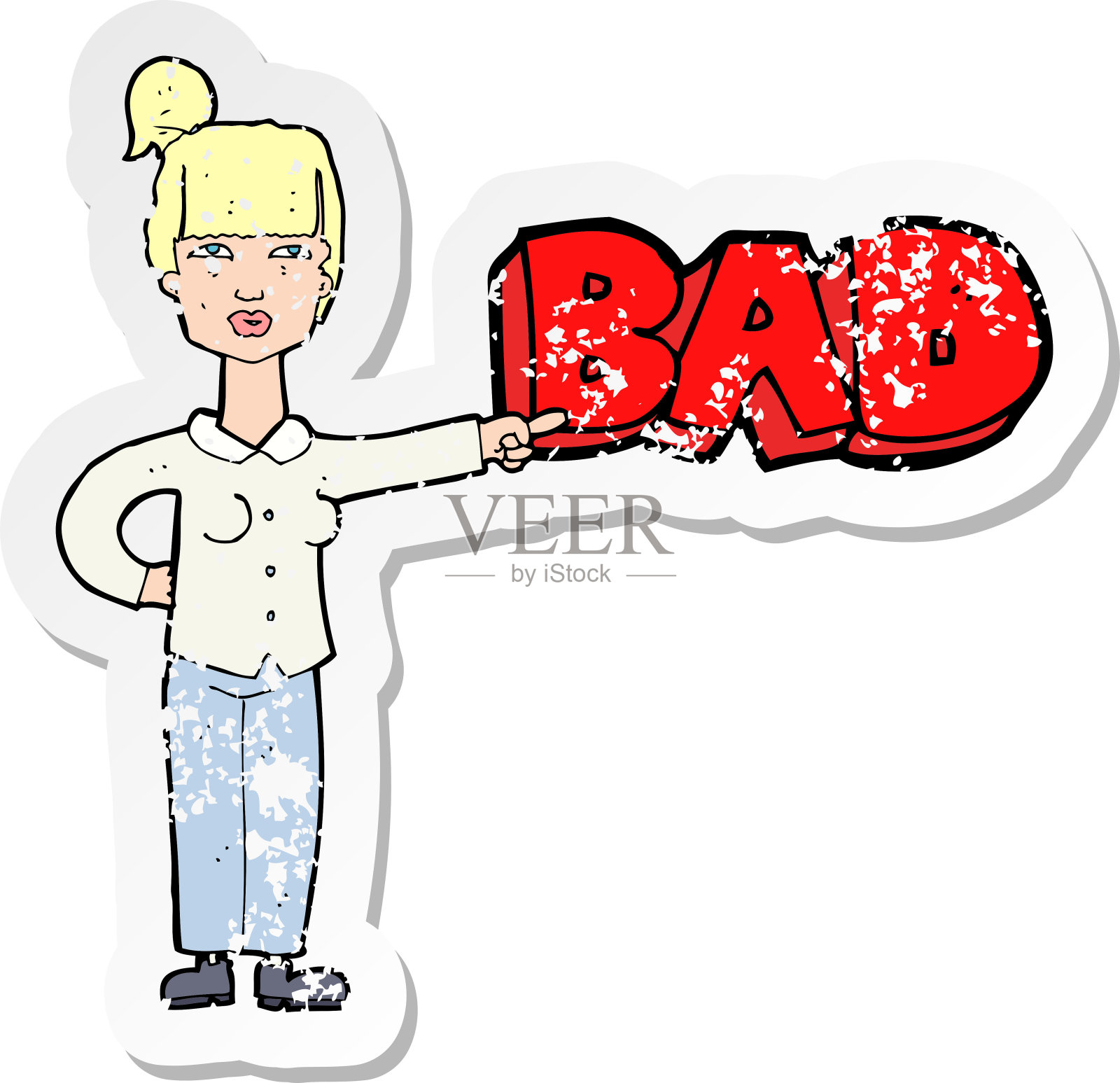 一个卡通女人指出坏的复古心疼贴纸设计元素图片