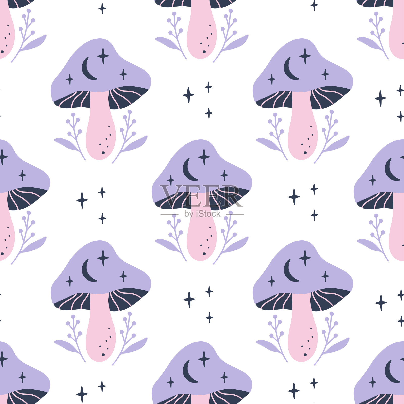 神秘的矢量无缝模式与天体蘑菇。魔法真菌背景。插画图片素材