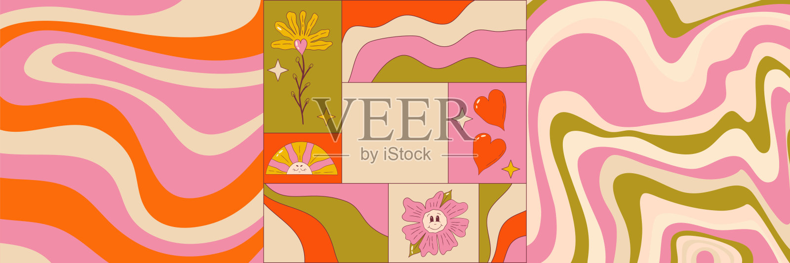 Trippy图形海报集复古groovy元素。海报广场上有太阳、心和波浪。绝妙的70年代图形。卡通矢量图插画图片素材