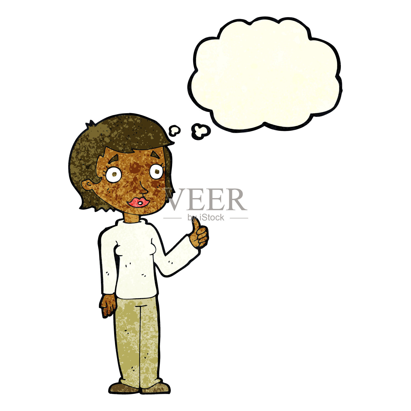 卡通女人给大拇指符号与思想泡泡插画图片素材