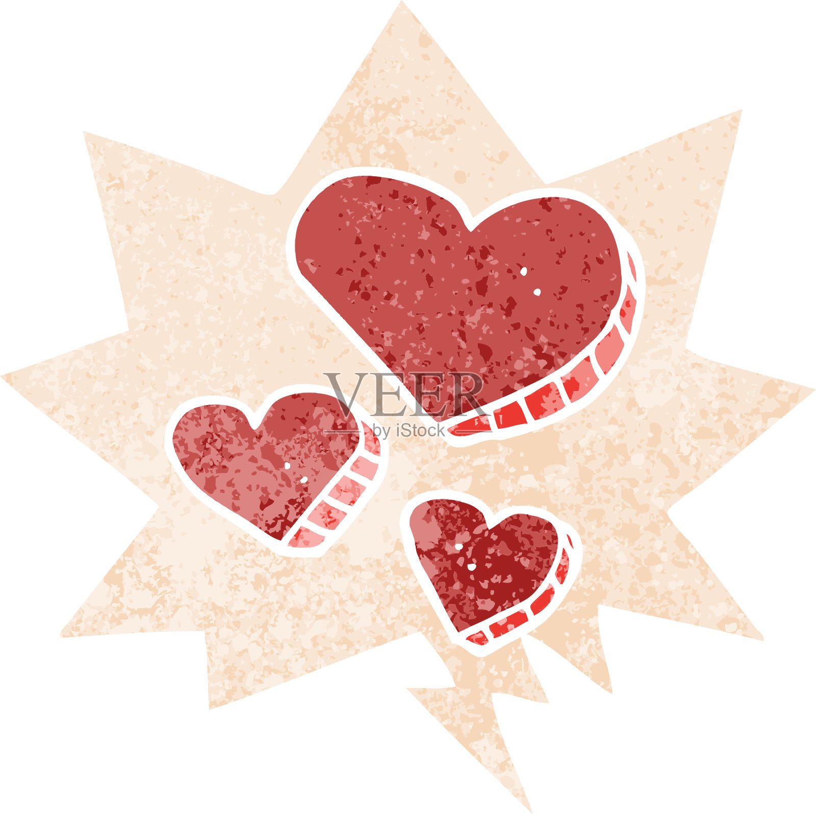 卡通爱心与演讲泡沫在垃圾摇滚苦恼复古纹理风格插画图片素材