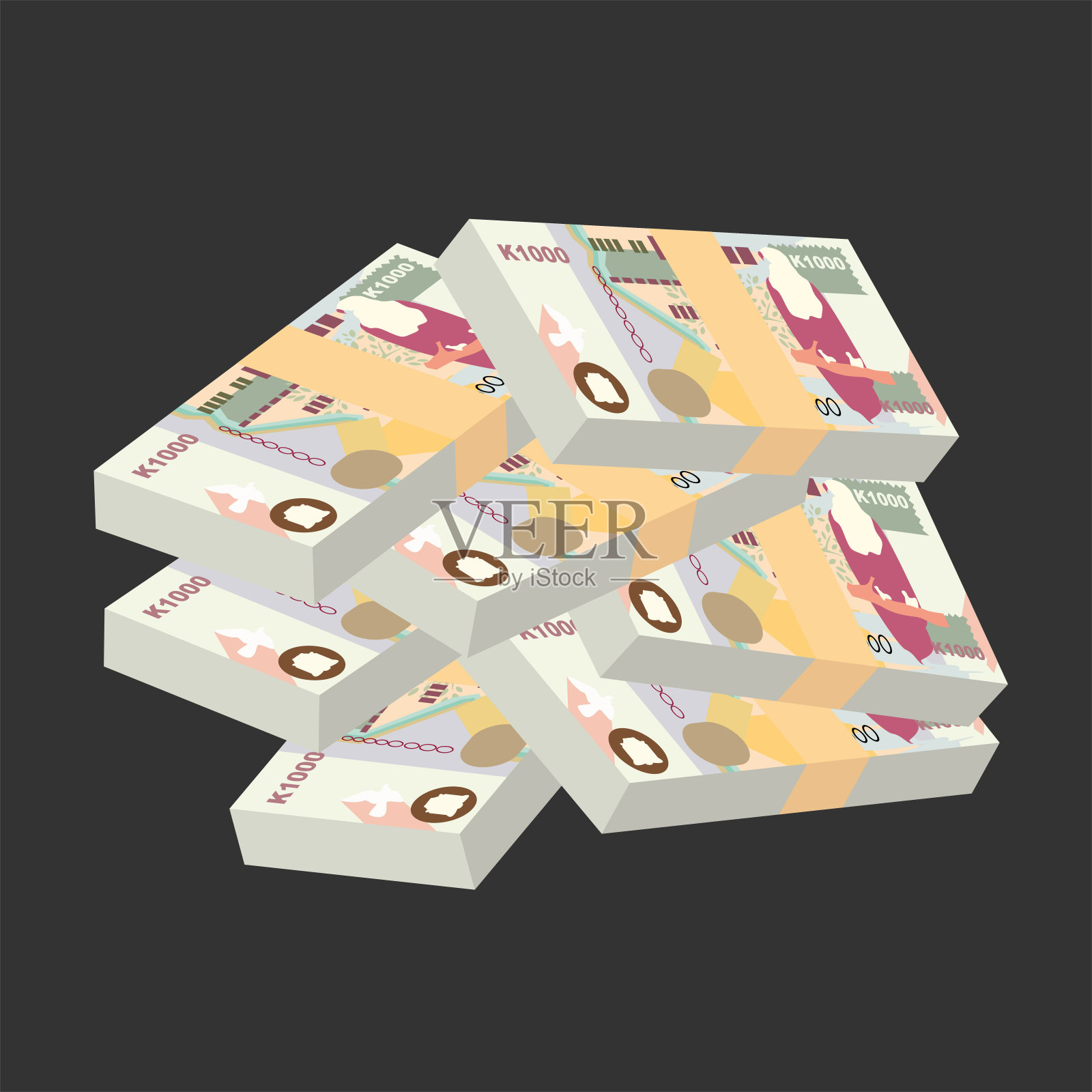 赞比亚克瓦查矢量插图。津巴布韦货币套装捆绑钞票。纸币1000 ZMW。平的风格。孤立在白色背景上。简单的最小设计。插画图片素材