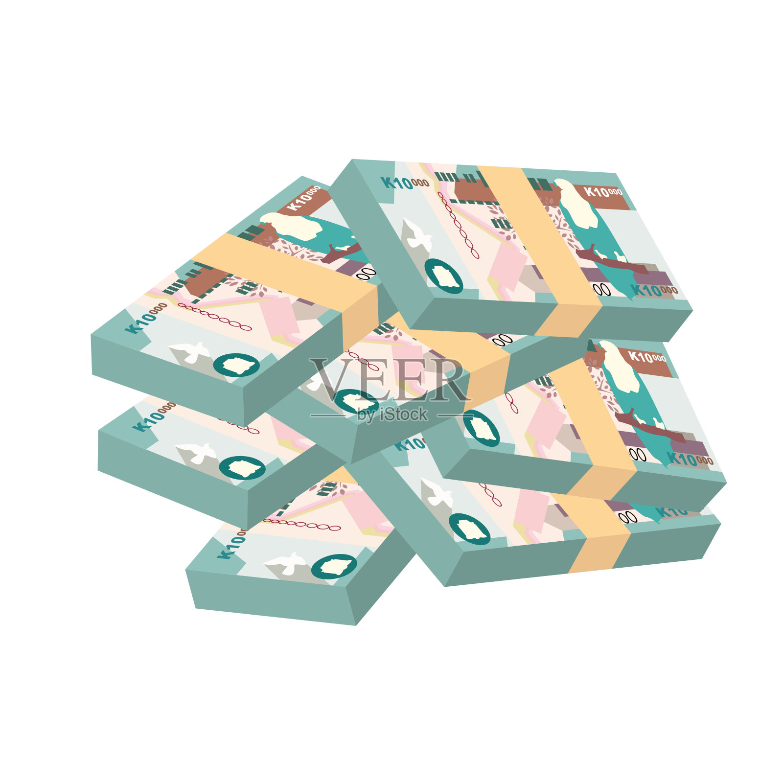 赞比亚克瓦查矢量插图。津巴布韦货币套装捆绑钞票。纸币10000 ZMW。平的风格。孤立在白色背景上。简单的最小设计。插画图片素材