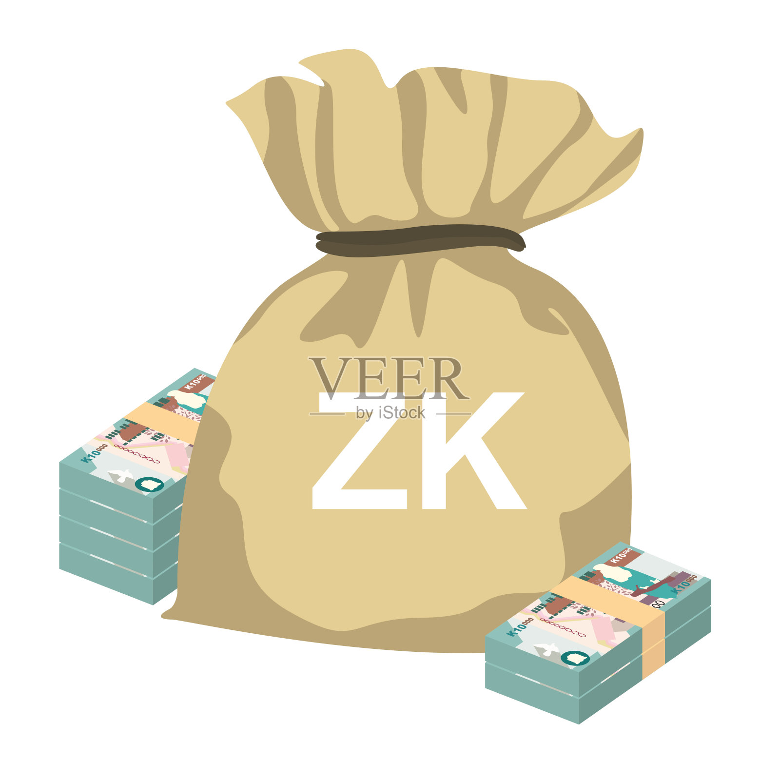 赞比亚克瓦查矢量插图。津巴布韦货币套装捆绑钞票。钱袋10000zmw。平的风格。孤立在白色背景上。简单的最小设计。插画图片素材