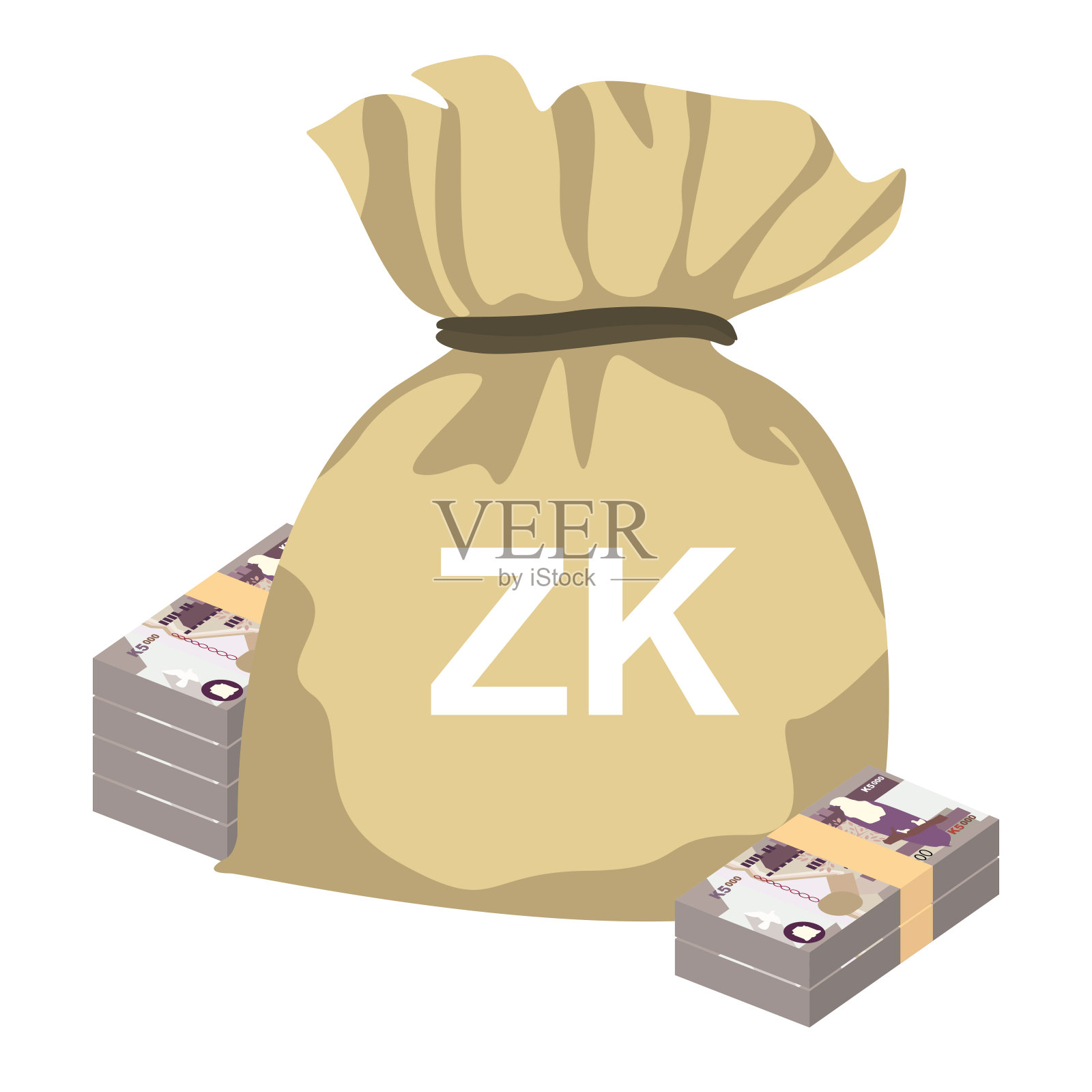 赞比亚克瓦查矢量插图。津巴布韦货币套装捆绑钞票。钱袋5000zmw。平的风格。孤立在白色背景上。简单的最小设计。插画图片素材
