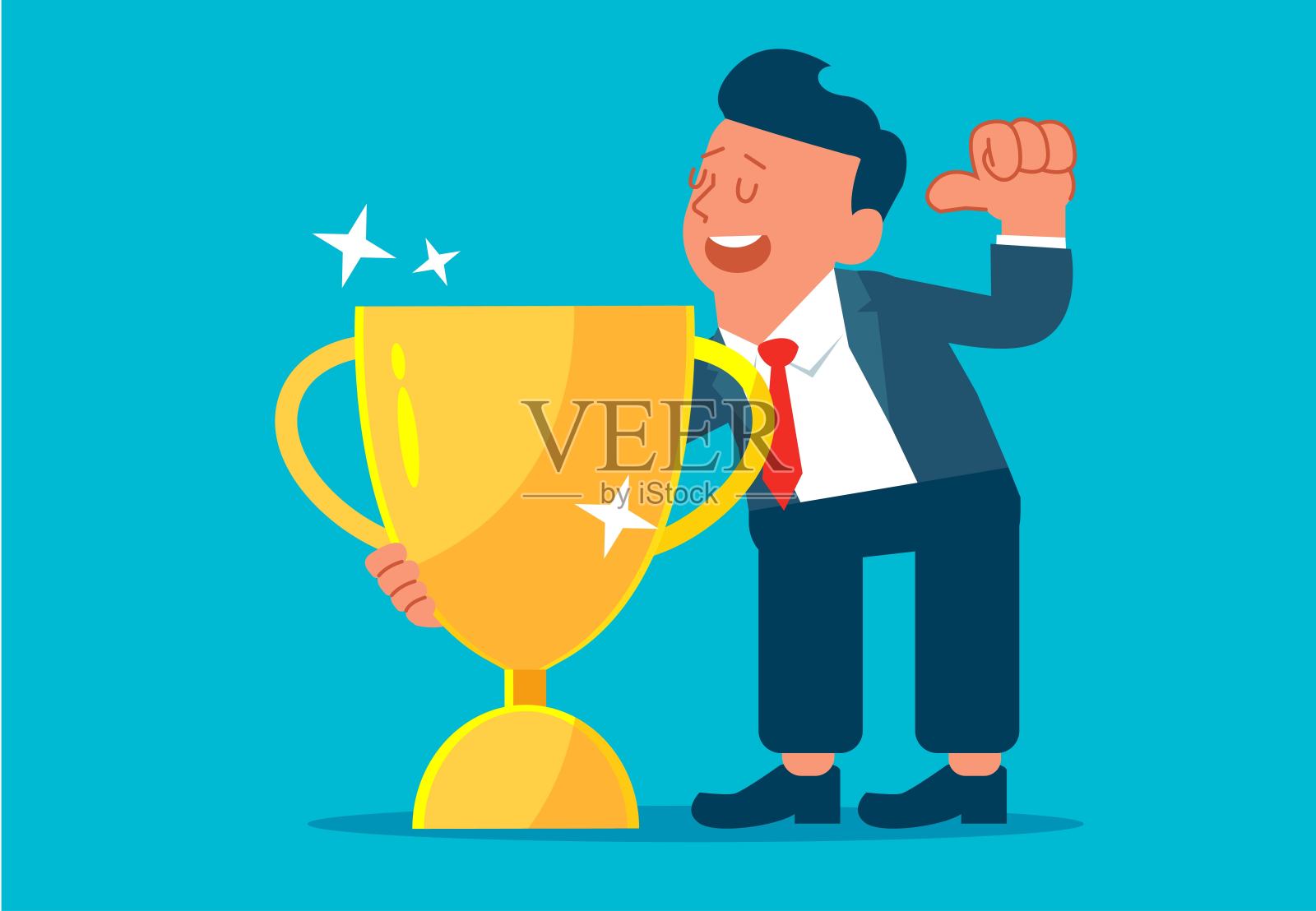我是第一名，是赢家，是商业上的成功或胜利，是最好的员工，是拿着奖杯为自己竖起大拇指的骄傲商人。插画图片素材