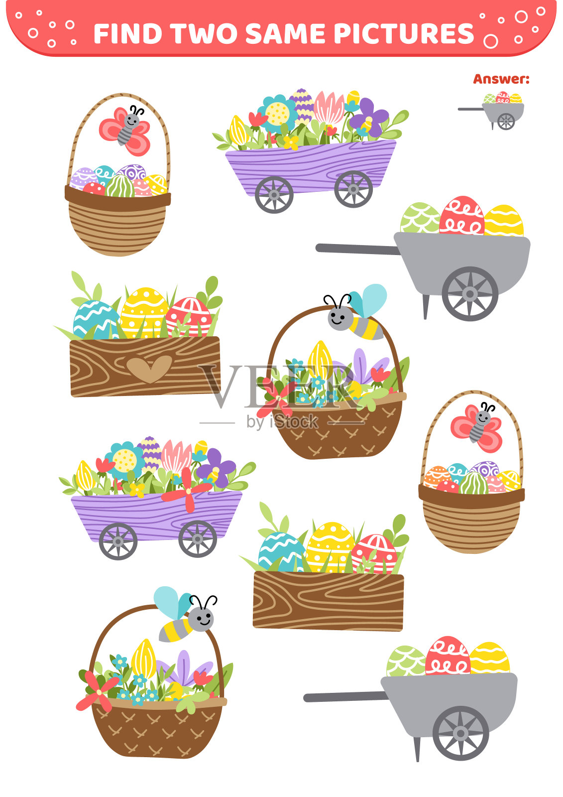 找到两张相同的图片。夏天的篮子里。复活节彩蛋。儿童游戏。平面，卡通，矢量插画图片素材