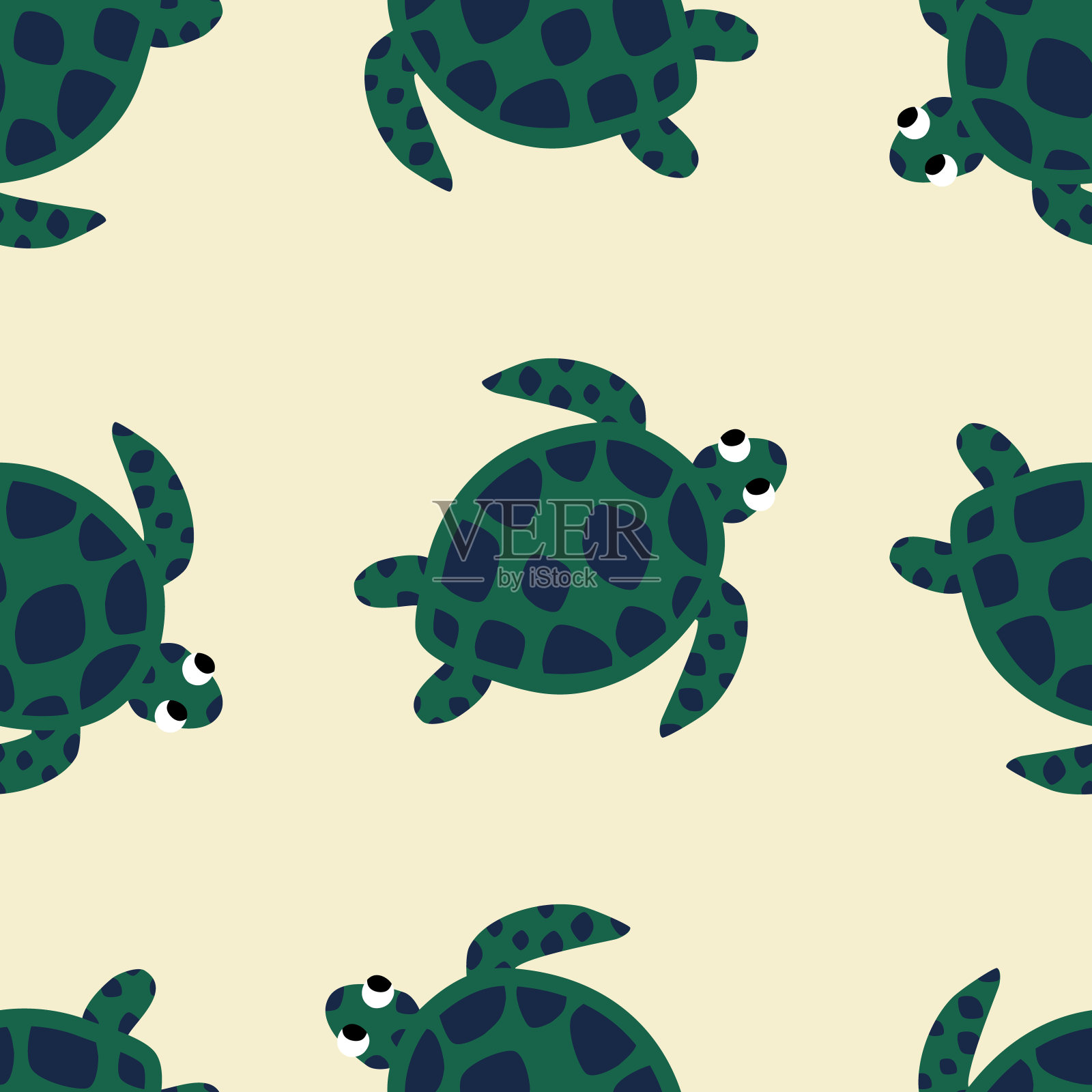 可爱的海龟手绘矢量插图。有趣的海洋动物无缝模式的儿童织物或壁纸。插画图片素材