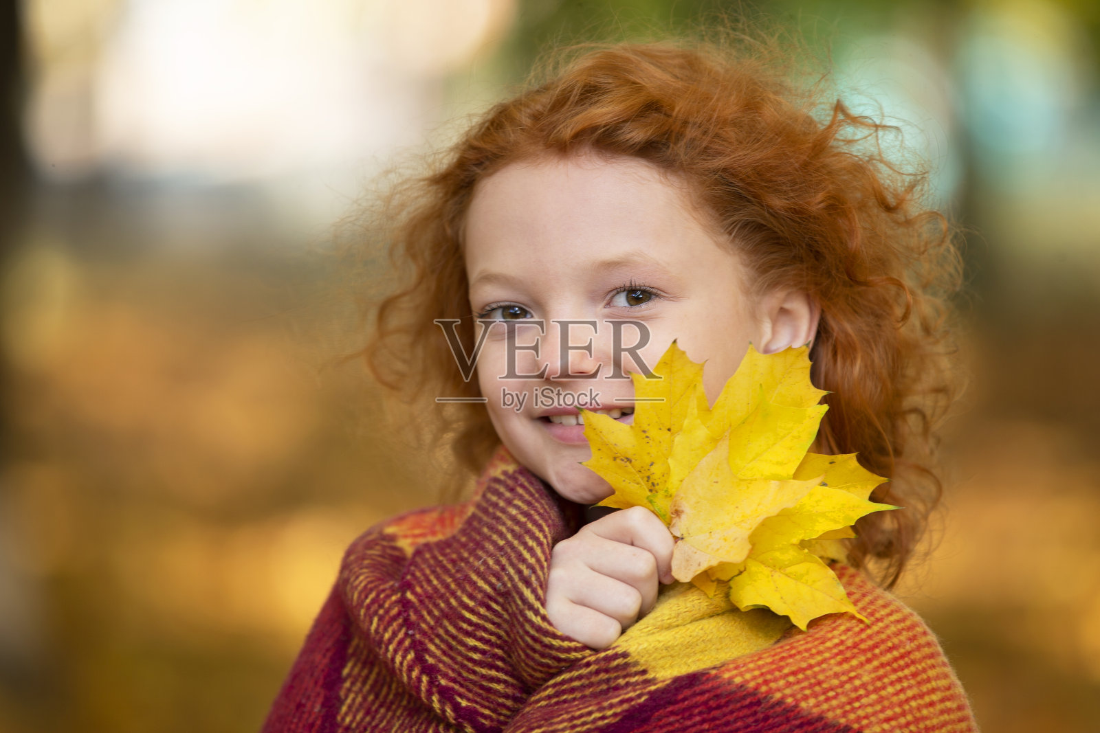 红头发的小女孩用一片黄色的枫叶遮住她的脸。快乐的孩子在秋日的特写。秋天来临的概念。照片摄影图片