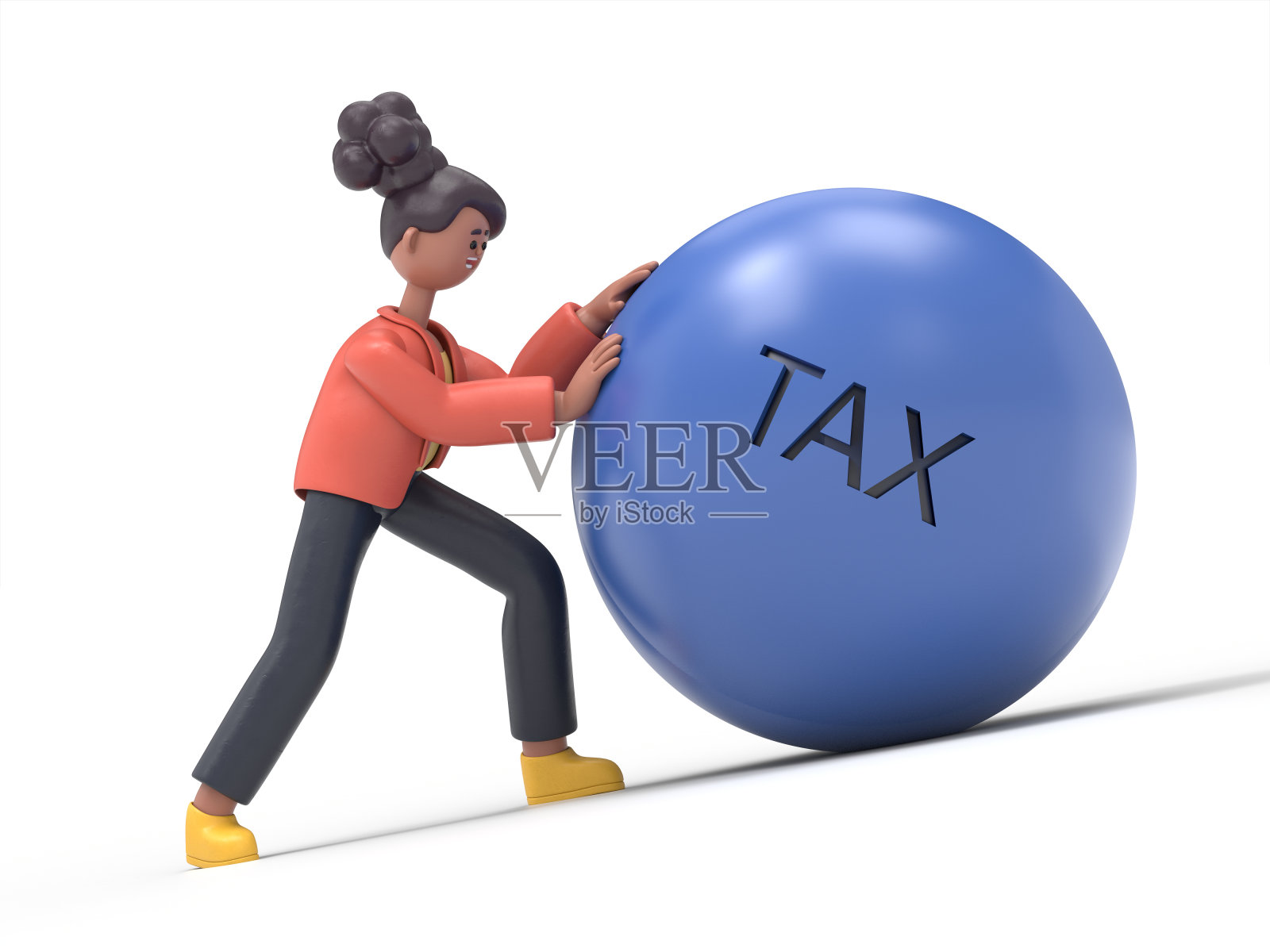 三维插图的非裔美国妇女可可推动巨石上山铭文税。税负、纳税时间和纳税人财政概念。白色背景上的3D渲染。照片摄影图片