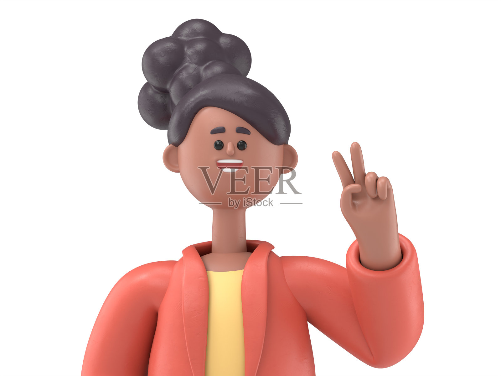 3D插图的微笑非裔美国妇女可可眨眼在相机做胜利的标志。二号人物。白色背景上的3D渲染。照片摄影图片