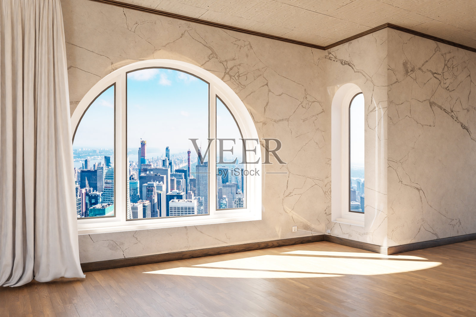 空豪华阁楼公寓，拱形窗户，市区全景;高贵的室内设计，白色窗帘和木地板;三维演示照片摄影图片