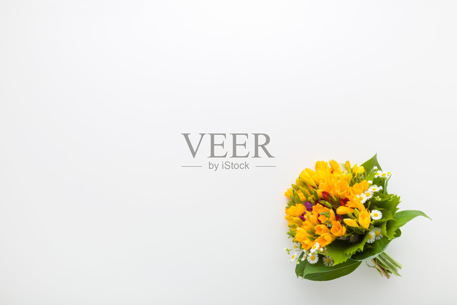 美丽的新鲜黄色小苍兰花束在白色的桌子背景。特写镜头。空的地方写鼓舞人心的文字，可爱的语录或积极的语录。自顶向下视图。照片摄影图片