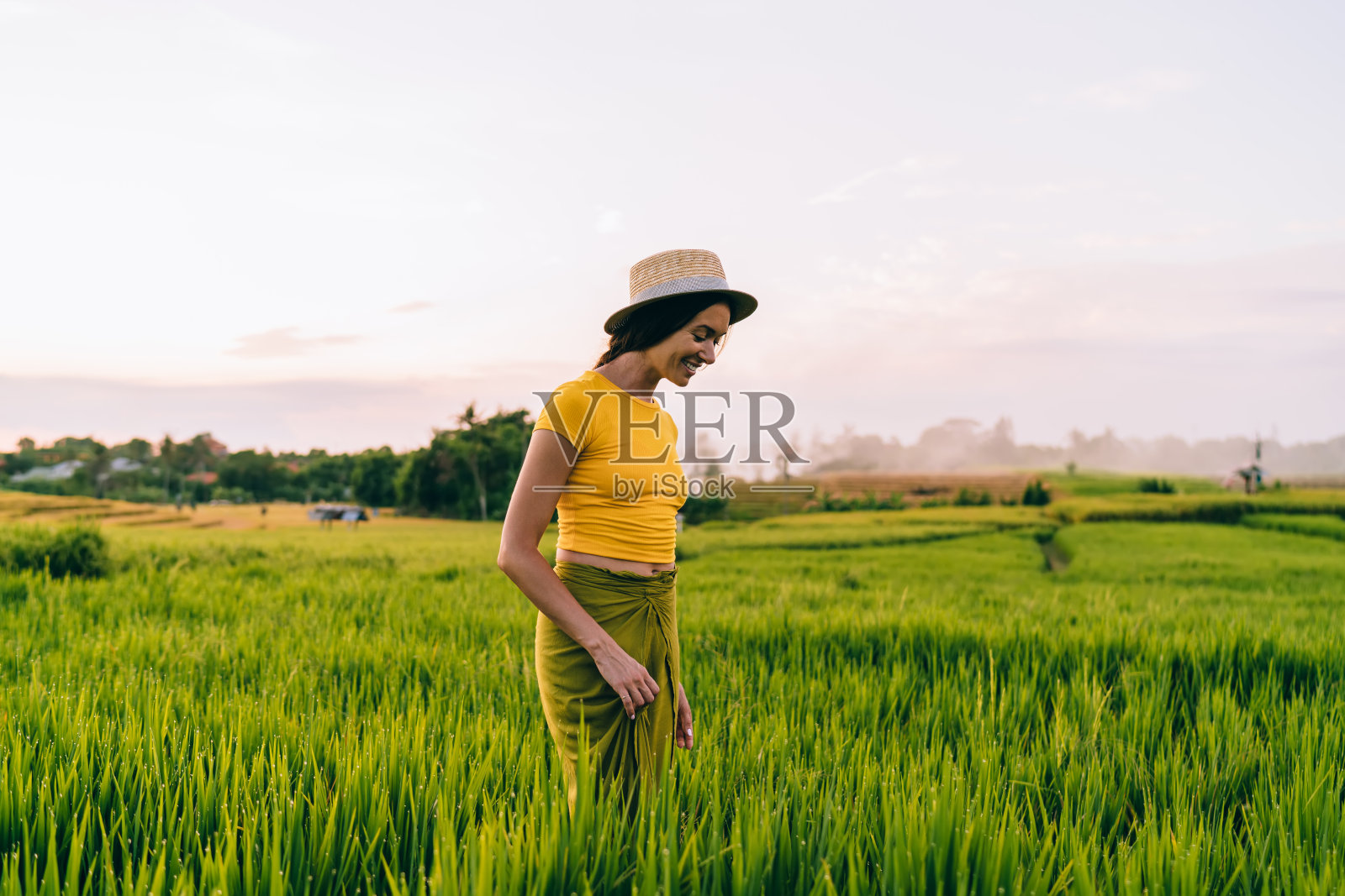 农作物女游客欣赏农田的景色照片摄影图片