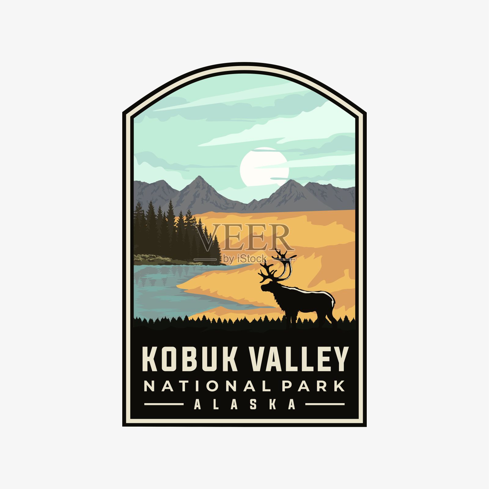 Kobuk Valley国家公园矢量模板。阿拉斯加地标插图补丁徽章风格。插画图片素材