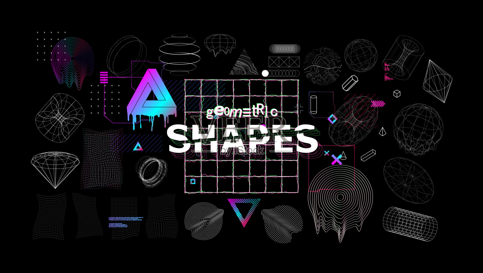 具有故障效果的通用现代形状。时髦的赛博朋克复古未来主义布景插画图片素材