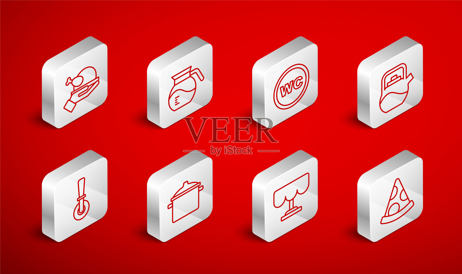 集线披萨片，咖啡壶，厕所，水壶与处理，木桌，烤火鸡或鸡肉，烹饪和披萨刀图标。向量图标素材