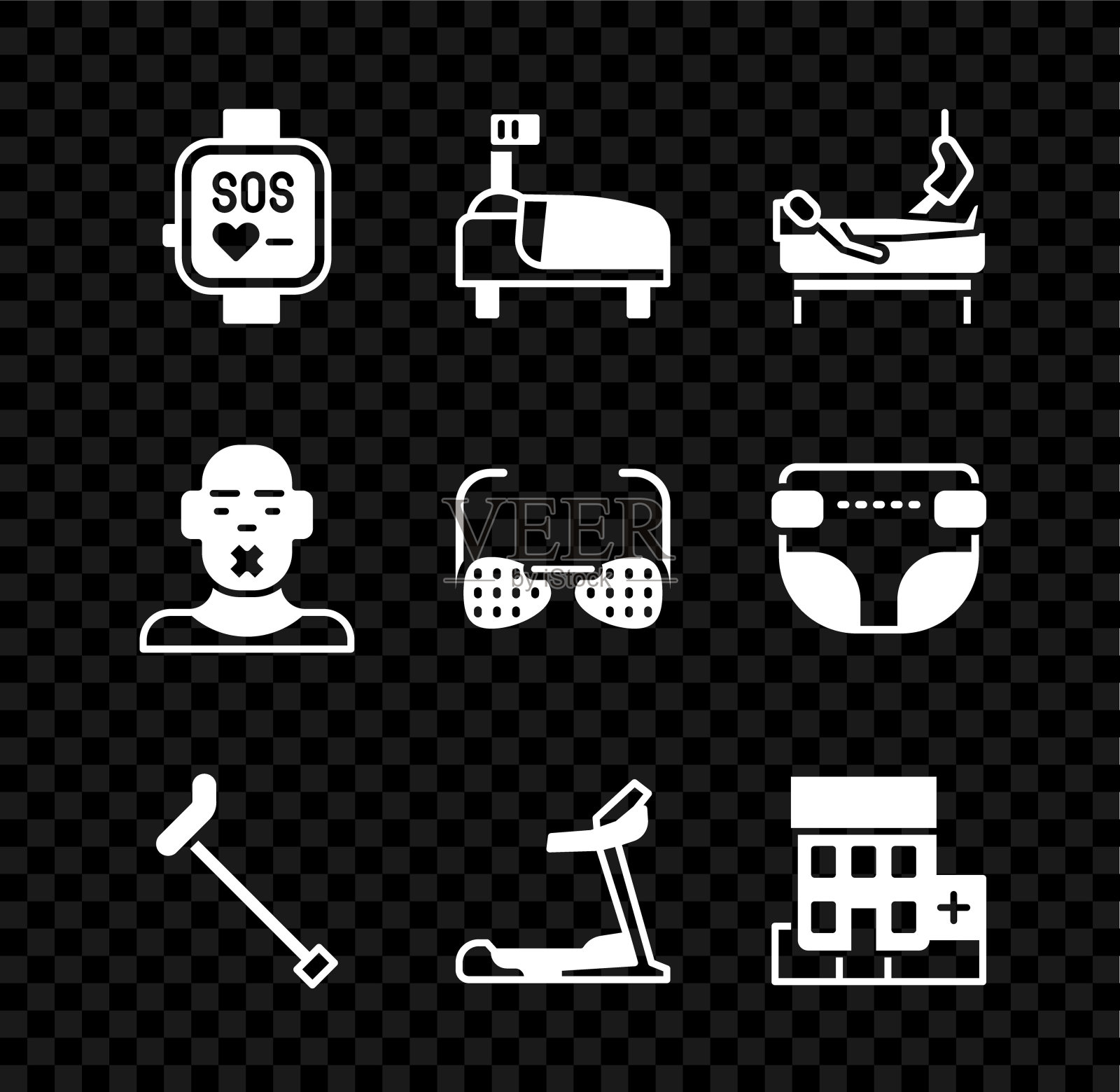 设置智能手表，医院病床，断腿病人，手杖，跑步机，医疗医院大楼，聋哑和盲人眼镜图标的头。向量图标素材