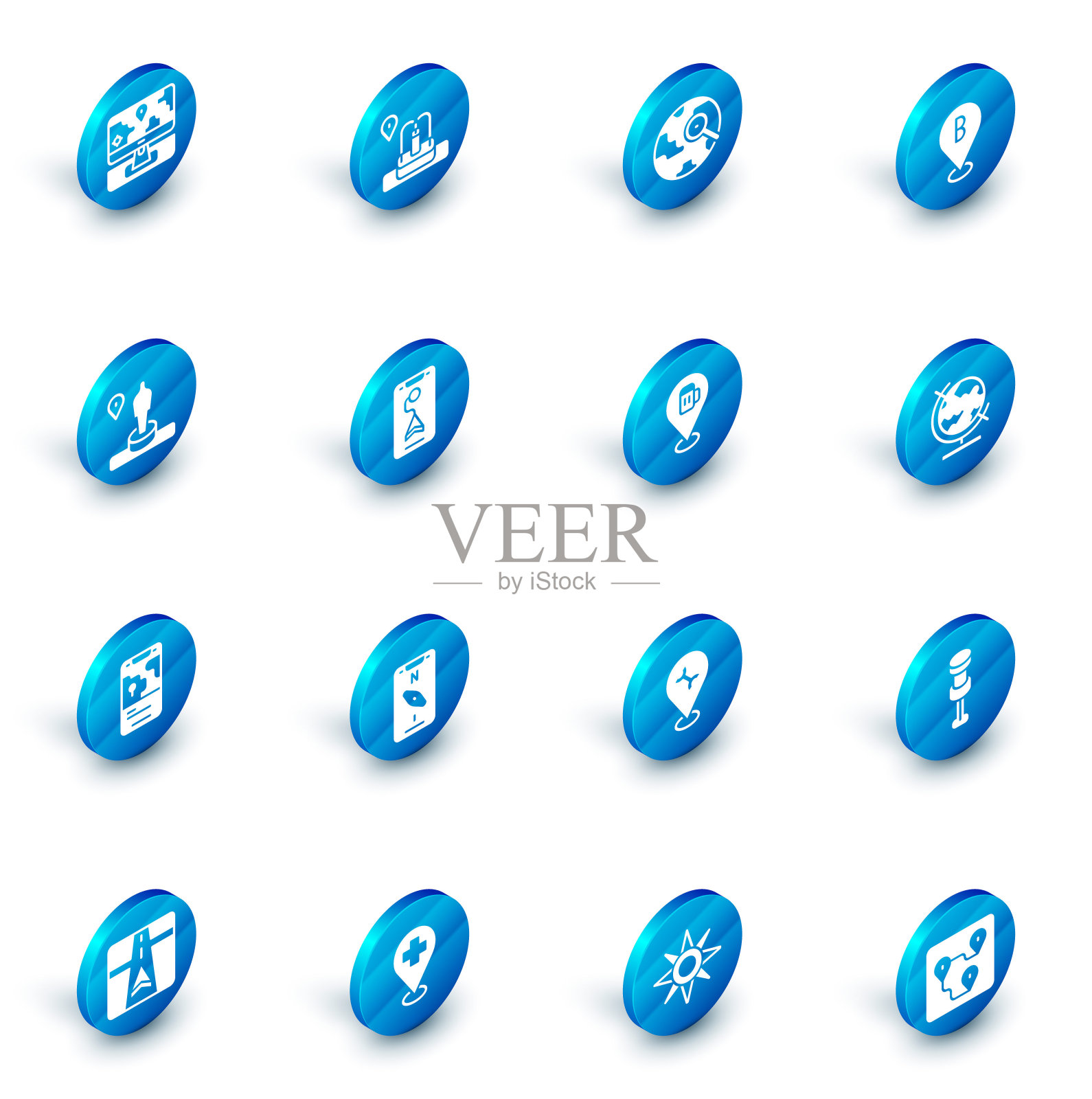 设置位置与喷泉，放大镜地球仪，和纪念碑，城市地图导航，地球和酒精或啤酒酒吧的位置图标。向量图标素材