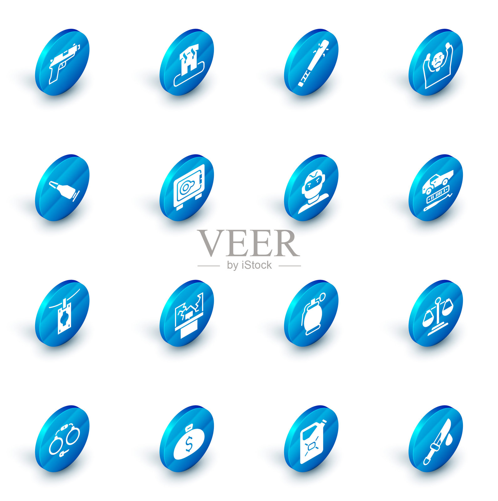 设置纵火回家，棒球棒与钉子，小偷投降手，子弹，洗钱，安全，汽车盗窃和面具图标。向量图标素材