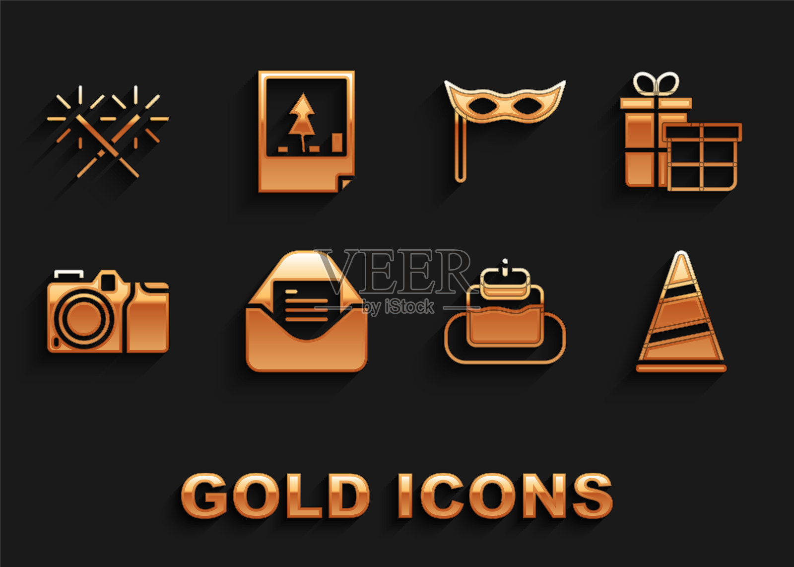 集圣诞派对邀请卡，礼盒，派对帽子，蛋糕，相机，节日面具，烟花和明信片图标。向量图标素材