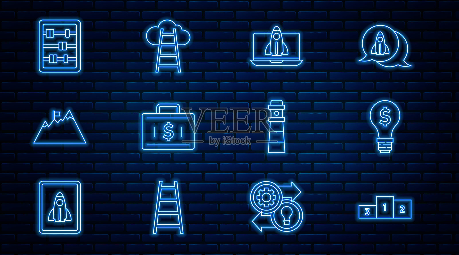 设置线商业讲台，灯泡与美元，启动项目概念，公文包和钱，山旗，算盘，灯塔和楼梯完成图标。向量图标素材