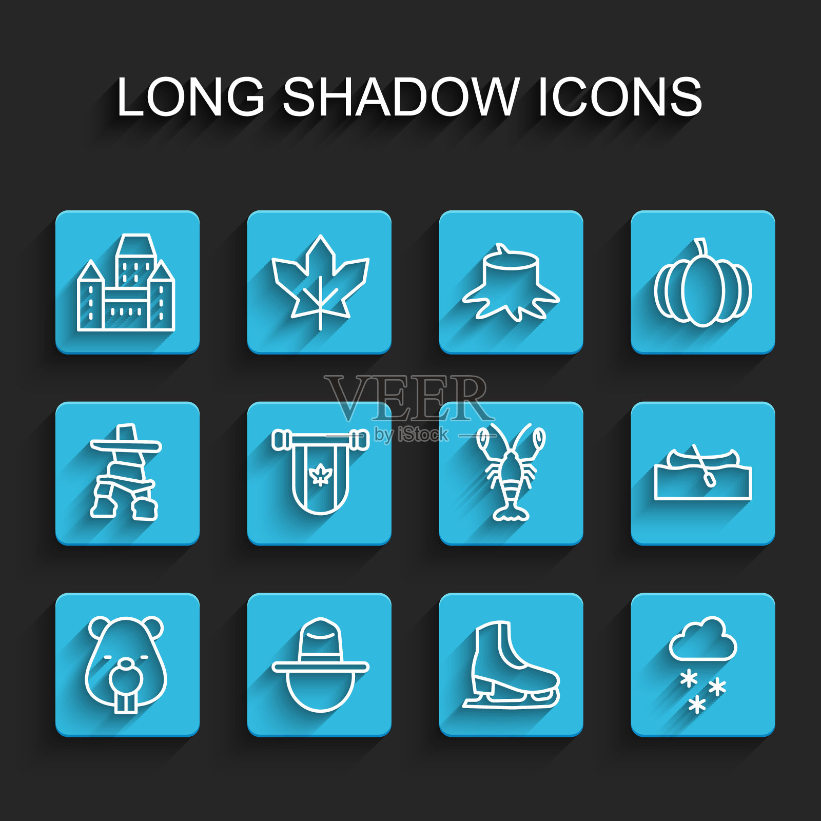 套装线海狸动物，加拿大护林员帽子，Chateau Frontenac酒店，冰鞋，云与雪，旗帜加拿大，皮划艇或独木舟和龙虾图标。向量图标素材