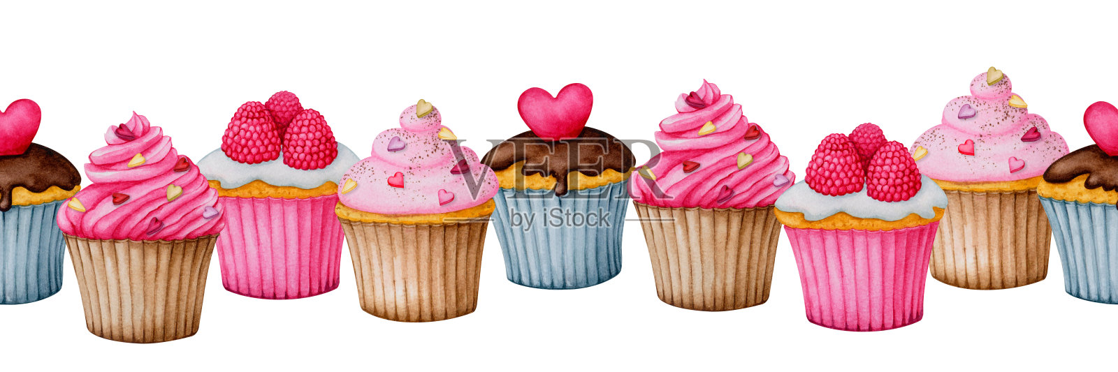 无缝的纸杯蛋糕花环。水彩边界设计卡片，邀请，问候，菜单，织物印花，横幅。情人节，生日，儿童节日的剪贴画。插画图片素材