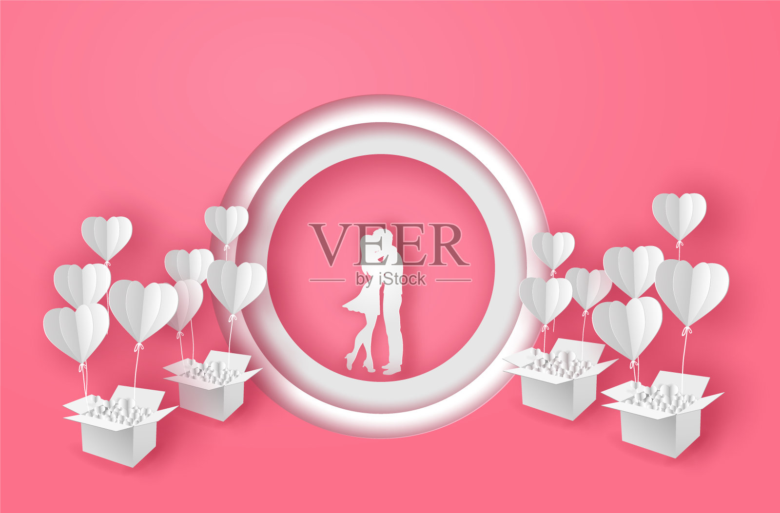 情人节卡片粉红色颜色与形状的情人留在圆形窗口和心形气球在盒子里。剪纸概念中的矢量插图设计。插画图片素材