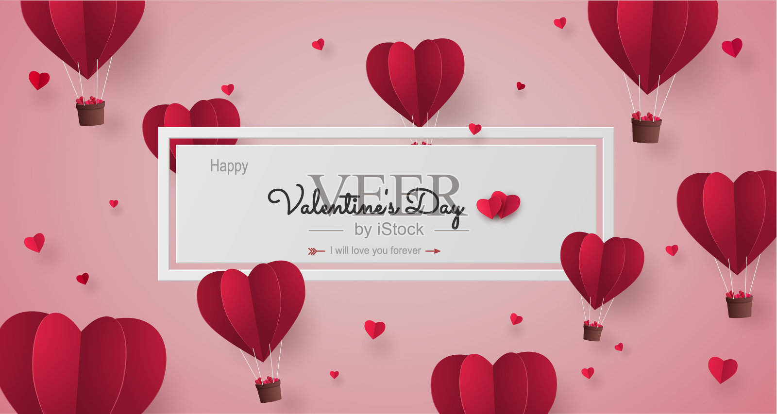 心形折纸气球红红的颜色在天空中飞舞，贴着情人节的标签。红白相间方框情人卡。矢量插画设计中的纸艺术概念。设计模板素材