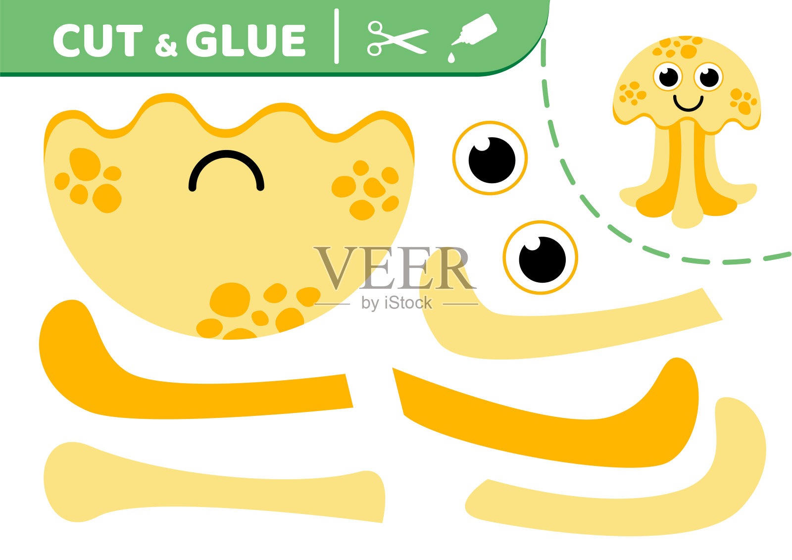 可爱的黄色水母。剪切和胶水。水母。贴花。纸的游戏。向量插画图片素材