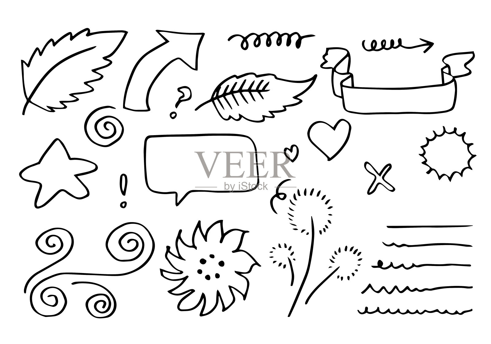 叶，心，抽象，丝带，箭头和其他元素的手绘风格的概念设计。涂鸦插图。装饰用矢量模板插画图片素材