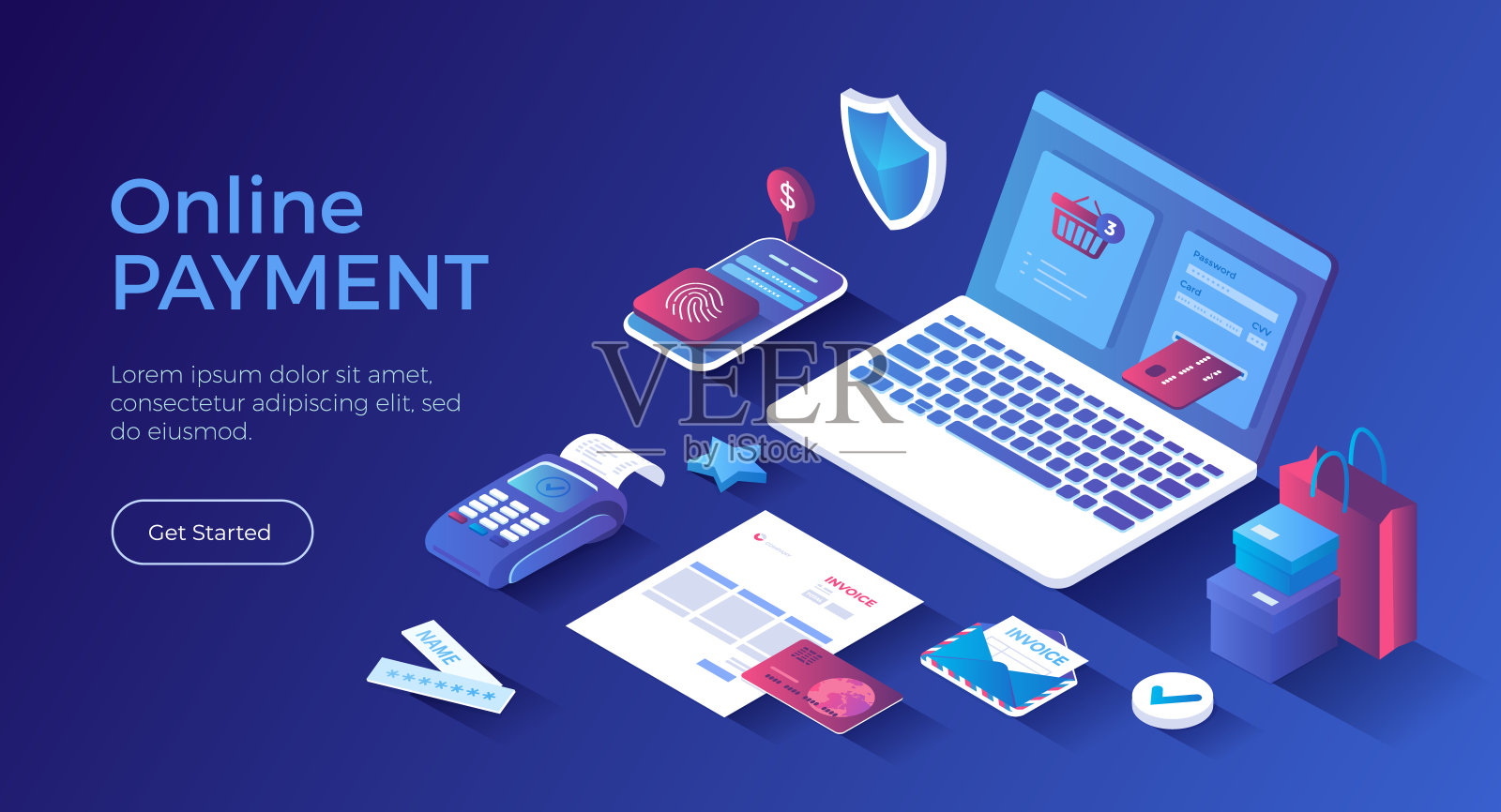 Online Payment. Paying bill, invoice, shopping online, e-commerce market. Сredit card transaction, money transfer with laptop. Isometric landing page. Vector web banner.插画图片素材