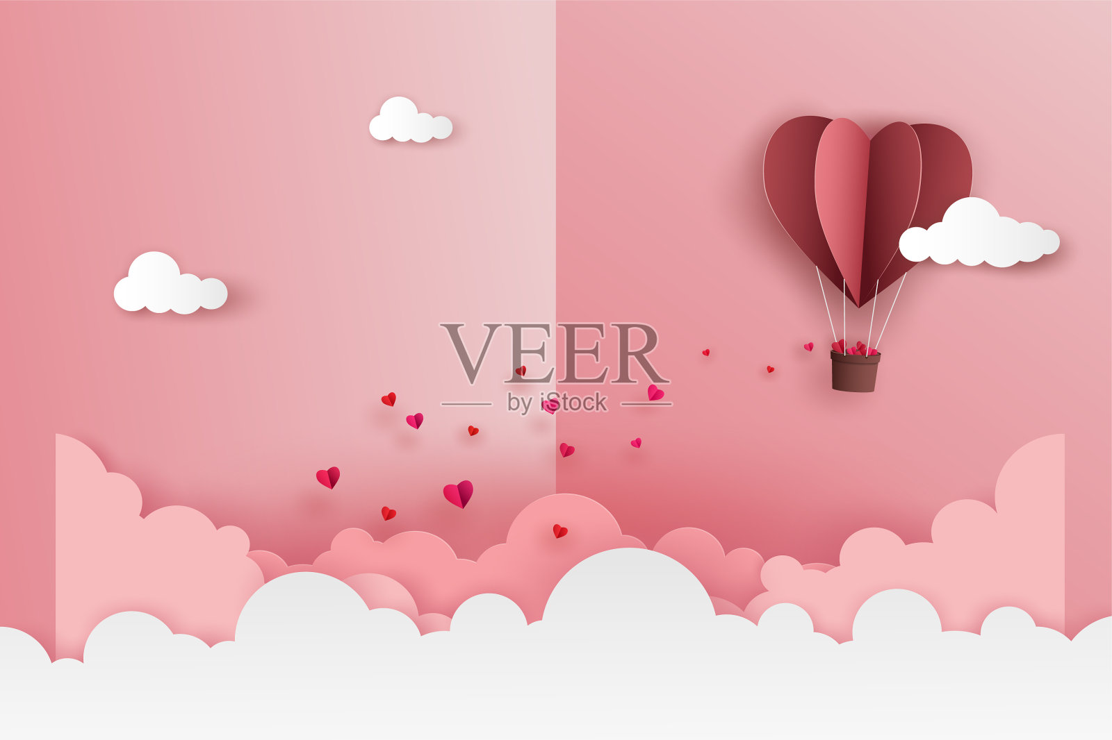 粉红色的气球心形折纸在情人节的云上飞翔，标签上写着“爱”。矢量插图艺术设计在纸弹出或剪纸风格。插画图片素材