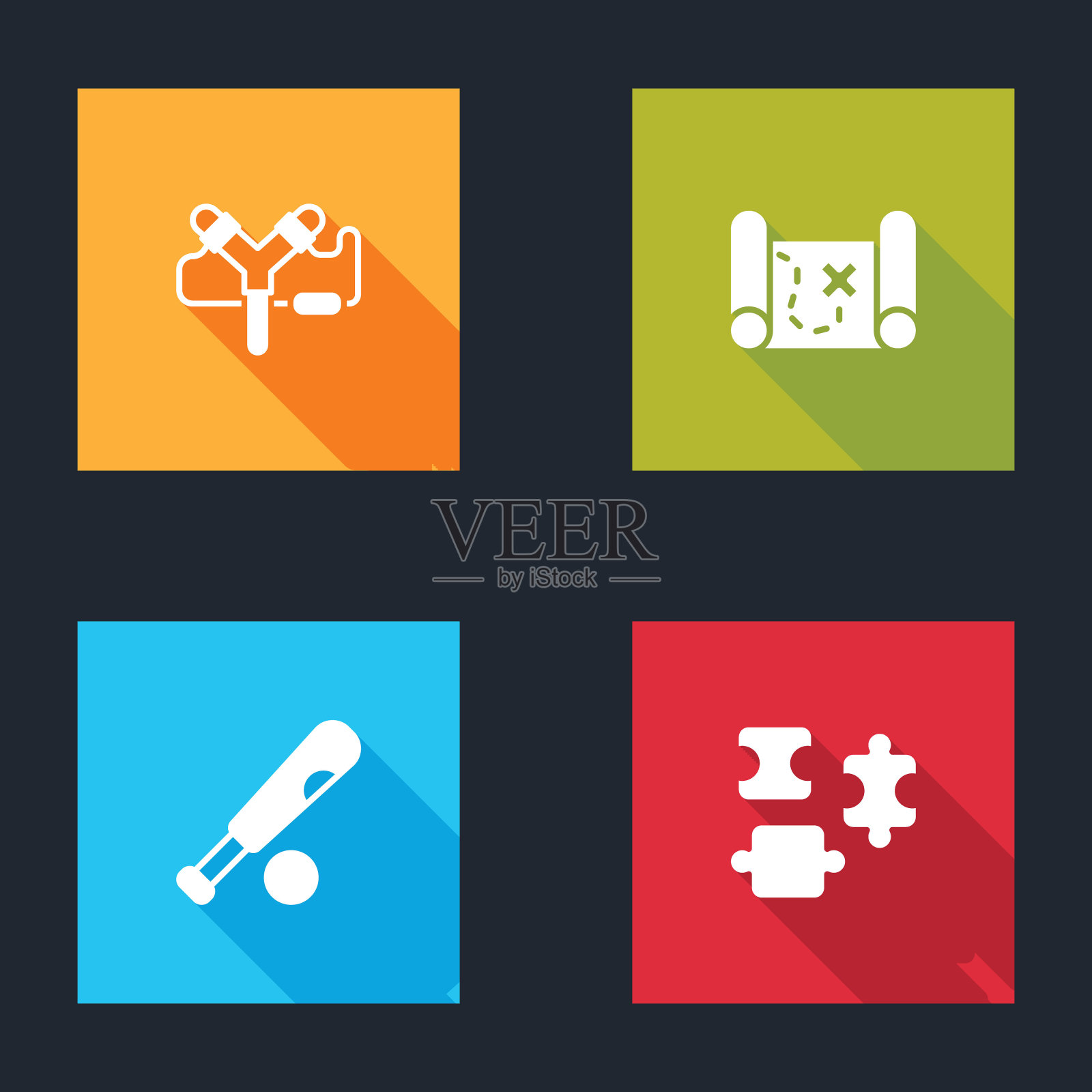 集弹弓，海盗藏宝图，棒球球棒和拼图玩具图标。向量图标素材