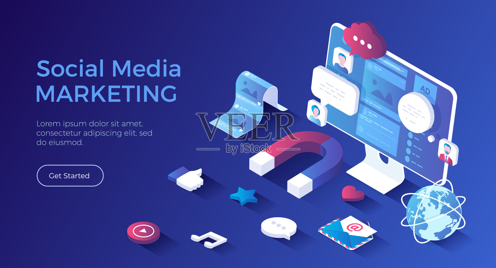 社会化媒体营销SMM。营销和传播策略。通过社交网络进行推广。磁铁吸引表情，喜欢，评论。等距着陆页。矢量网络横幅。插画图片素材