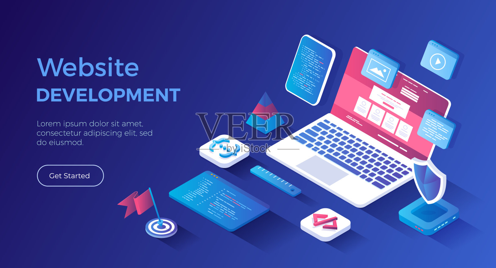 网站开发编程编码。设计，用户体验UX，用户界面UI。网站布局元素，照片，视频，程序代码，网站线框。等距着陆页。矢量网络横幅。插画图片素材