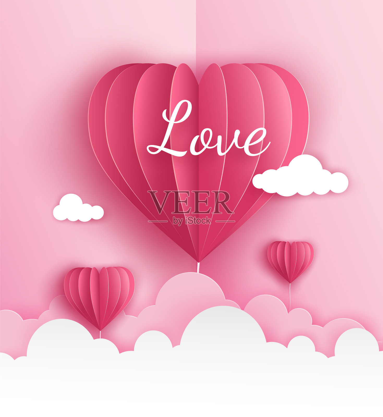粉红色的气球心形折纸在情人节的云上飞翔，标签上写着“爱”。矢量插图艺术设计在纸弹出或剪纸风格。插画图片素材