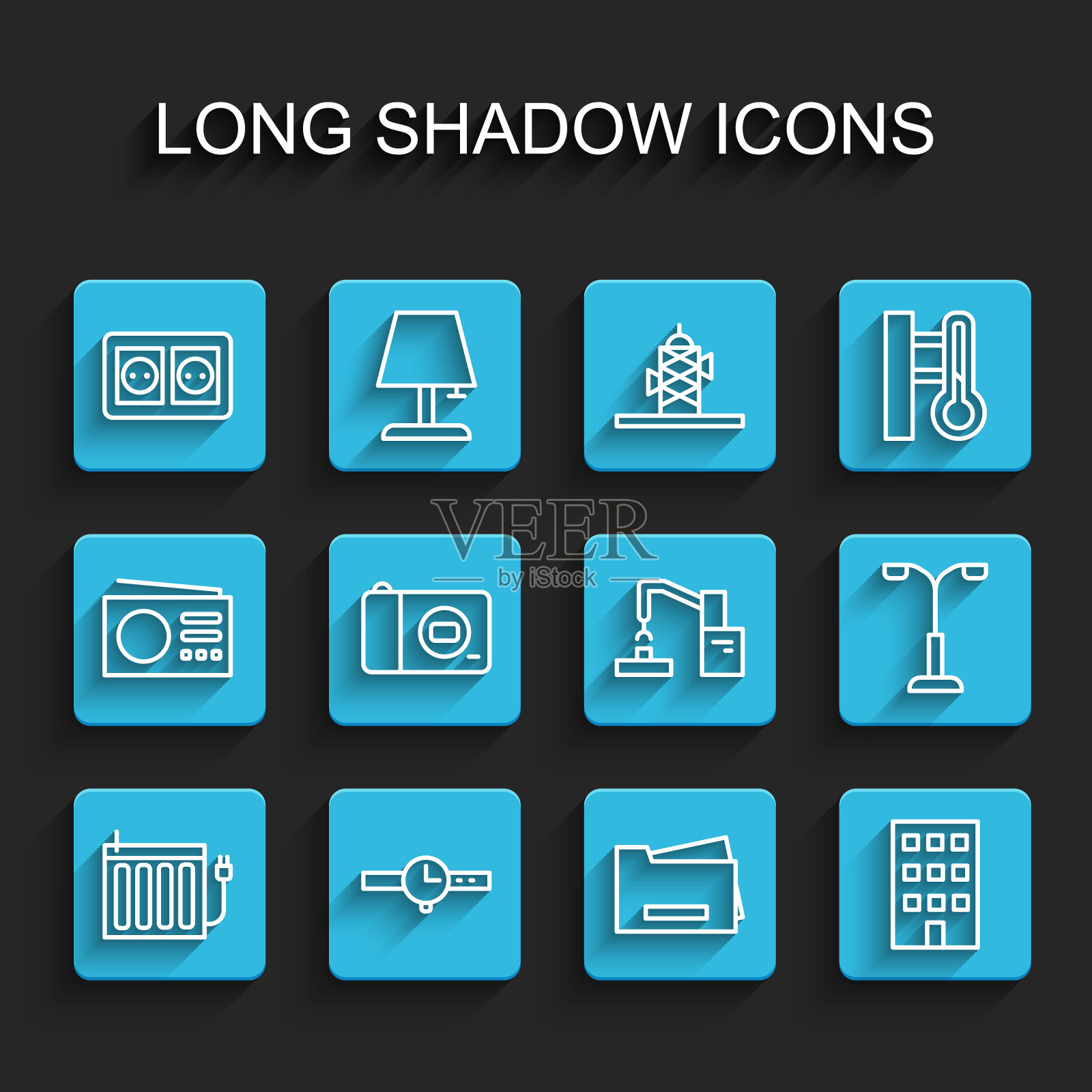 集生产线暖气片，腕表，电源插座，打印机，房子，相机，路灯和机器人的机械臂手工厂图标。向量图标素材