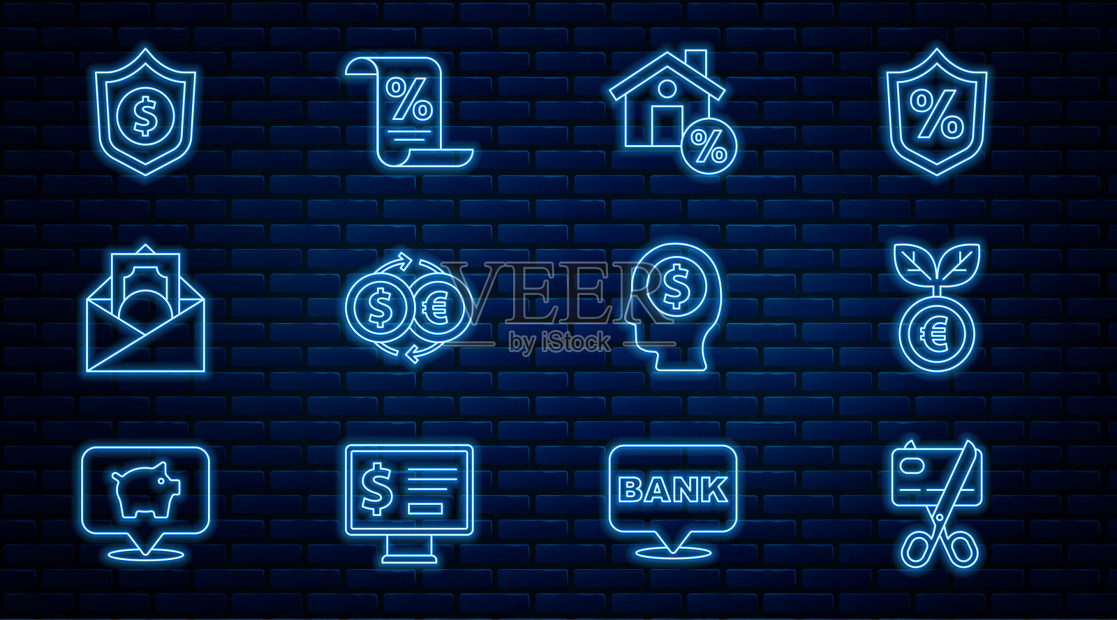 设置线剪信用卡，欧洲工厂，房子与折扣，货币兑换，信封美元符号，盾牌，商人计划头脑和金融文件图标。向量插画图片素材