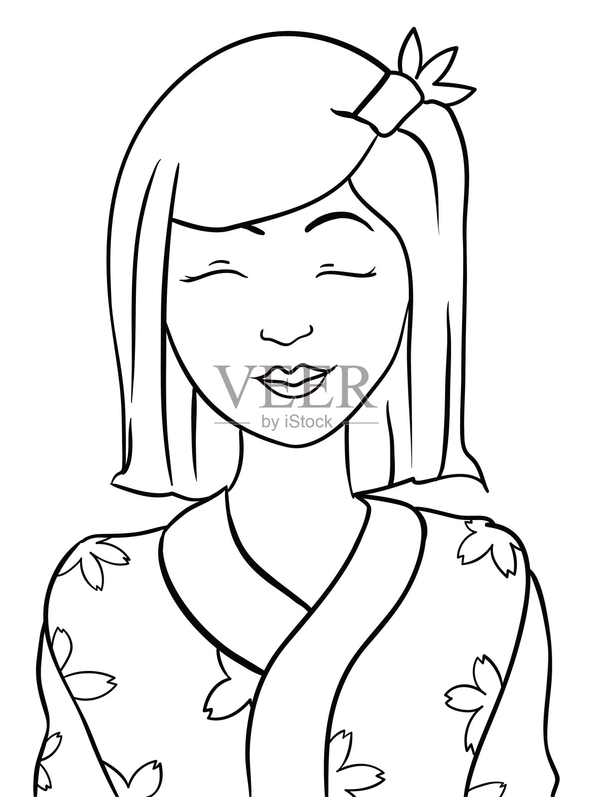 亚洲妇女与头饰和和服的肖像着色，矢量插图插画图片素材