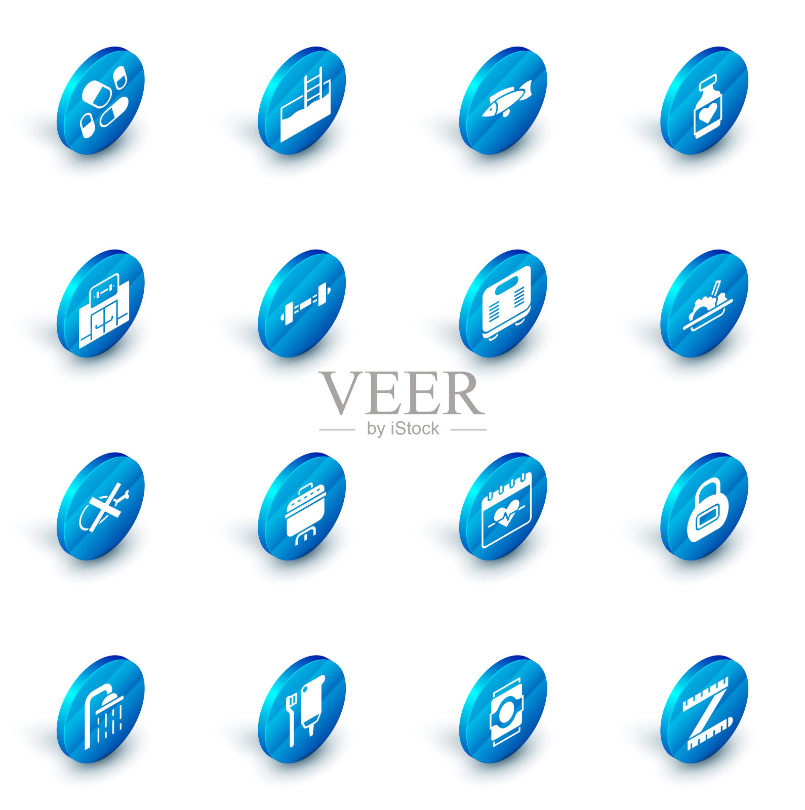 设置游泳池与梯子，鱼，维生素药丸，健身房，没有肉，哑铃，健康食品和浴室秤图标。向量图标素材