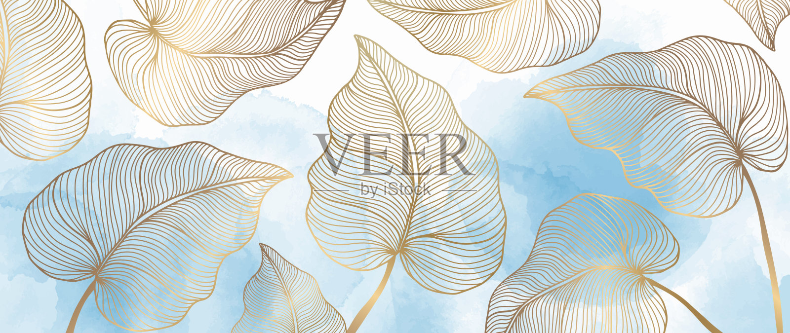 抽象的豪华水彩插图与金色棕榈叶在蓝色背景的装饰，封面，壁纸，演示插画图片素材