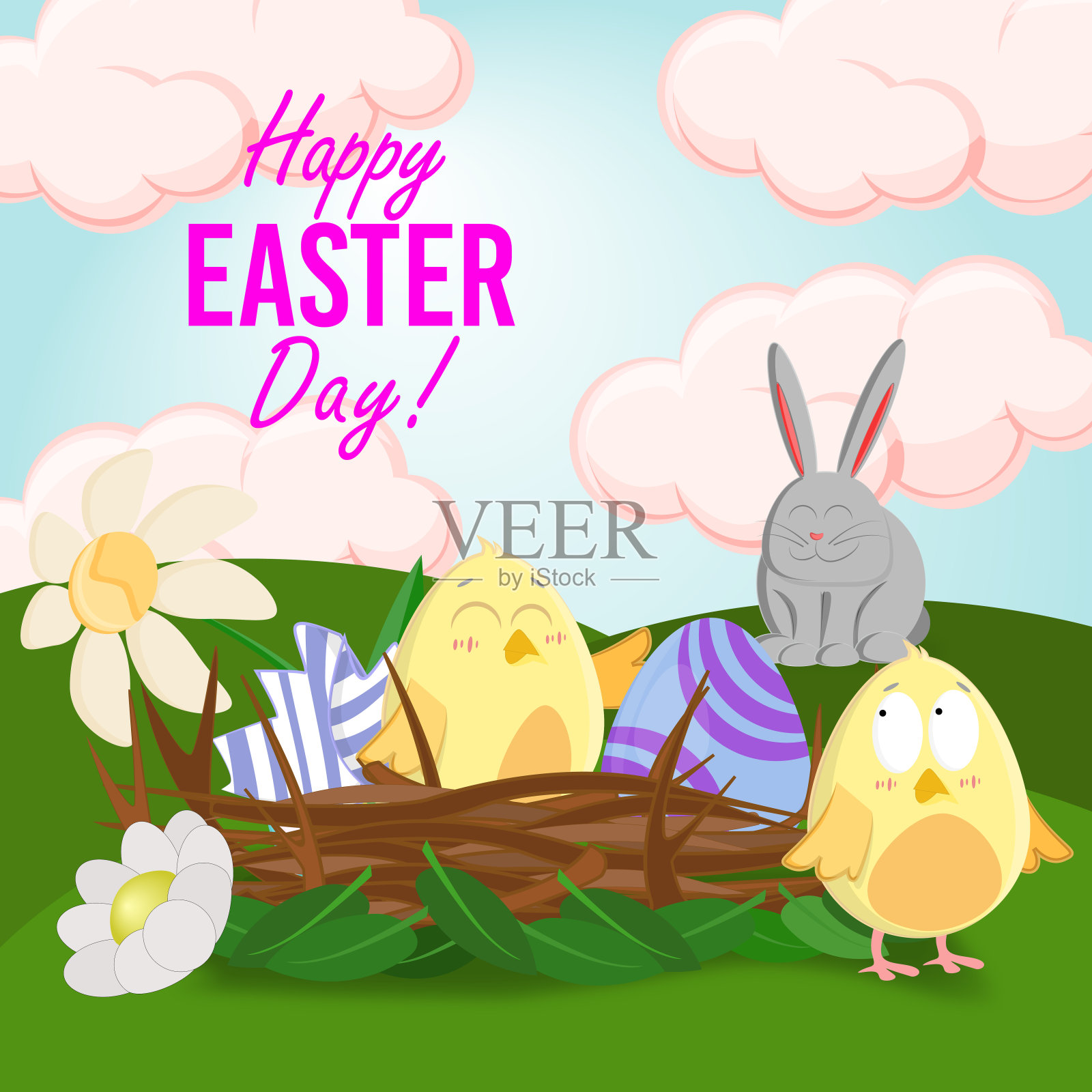 复活节那天孵出小鸡的可爱窝设计模板素材