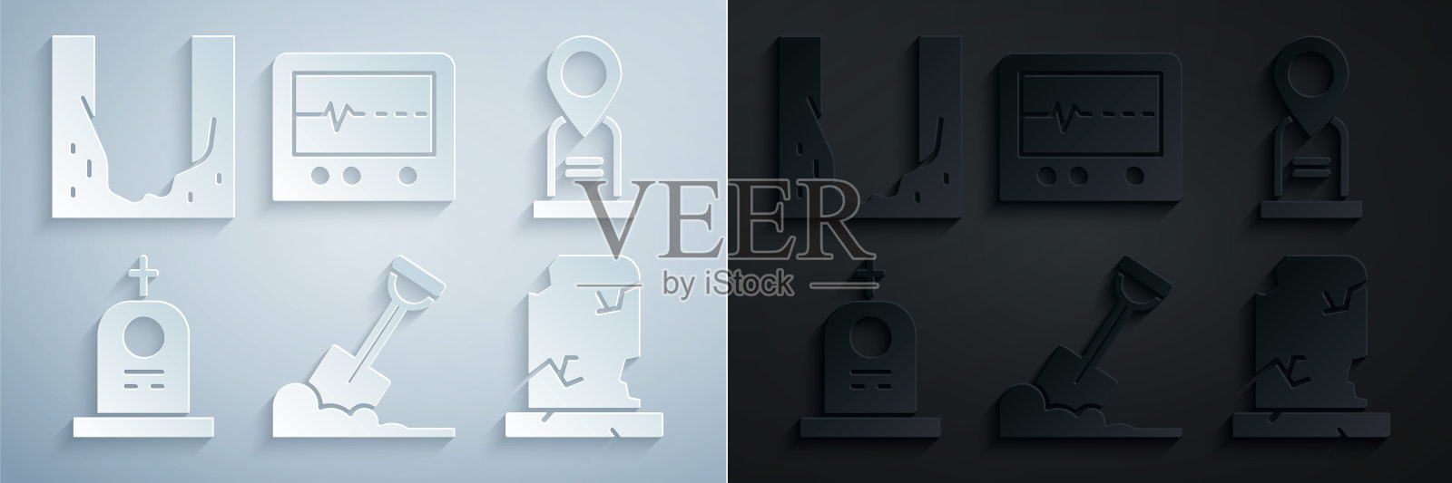 设置铲在地面，位置墓，墓碑墓，老，打死监视器和墓地挖洞图标。向量图标素材