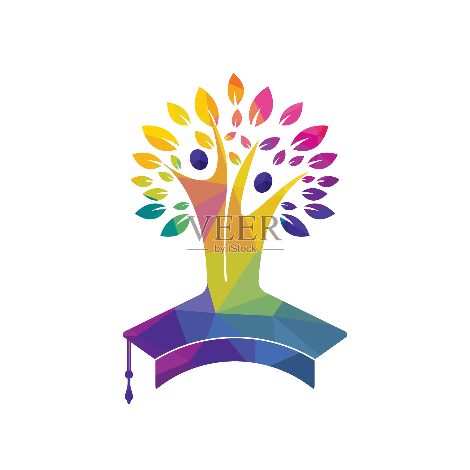 教育保险与支持标志概念。毕业帽和人树图标标志。插画图片素材