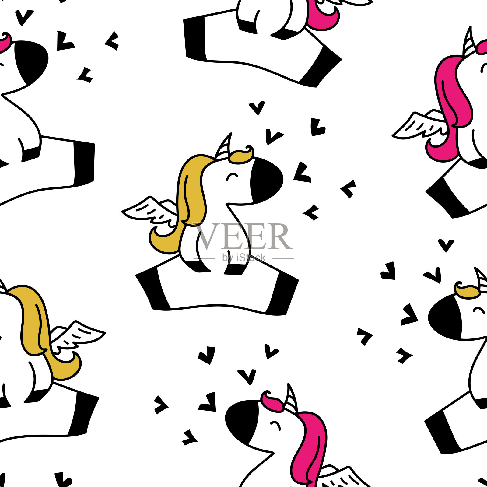 可爱的卡通独角兽无缝图案，矢量插图插画图片素材