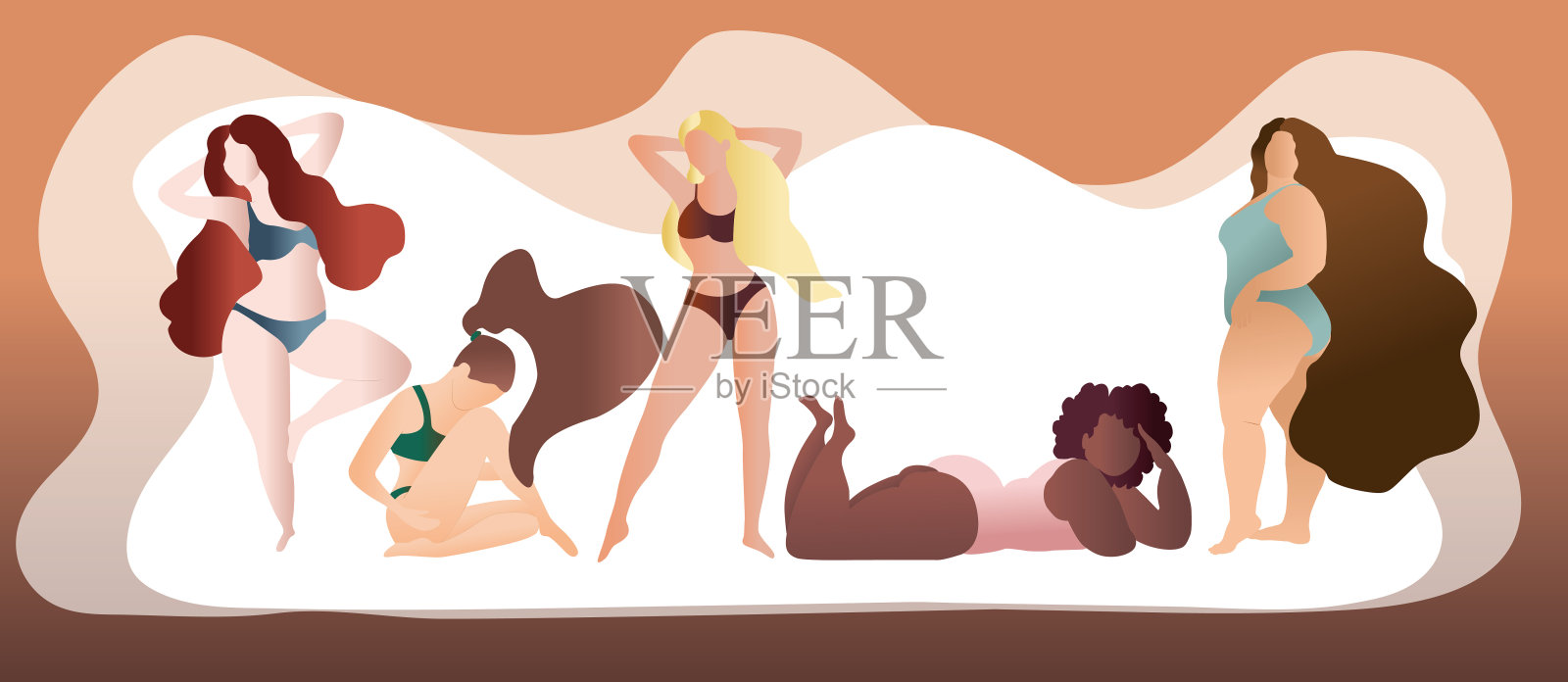 身体正面平面海报矢量模板。不同民族的女性卡通人物。争取平等和女权主义。插画图片素材